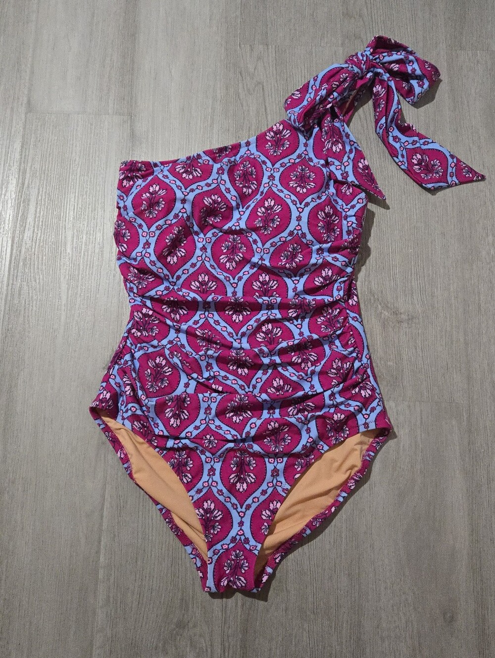 J. CREW Plum Floral Design Bow One Shoulder Swimsuit, SIZE M